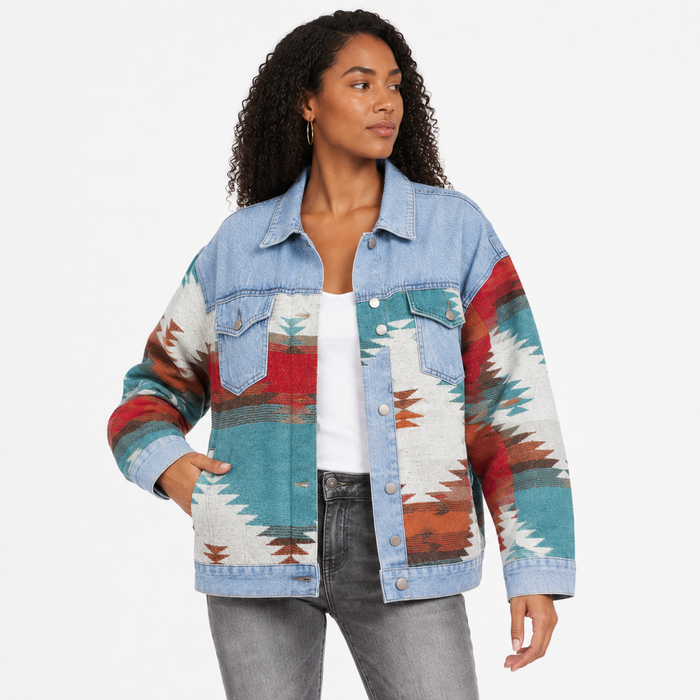 Women's geometric print denim jacket fabric and button detail