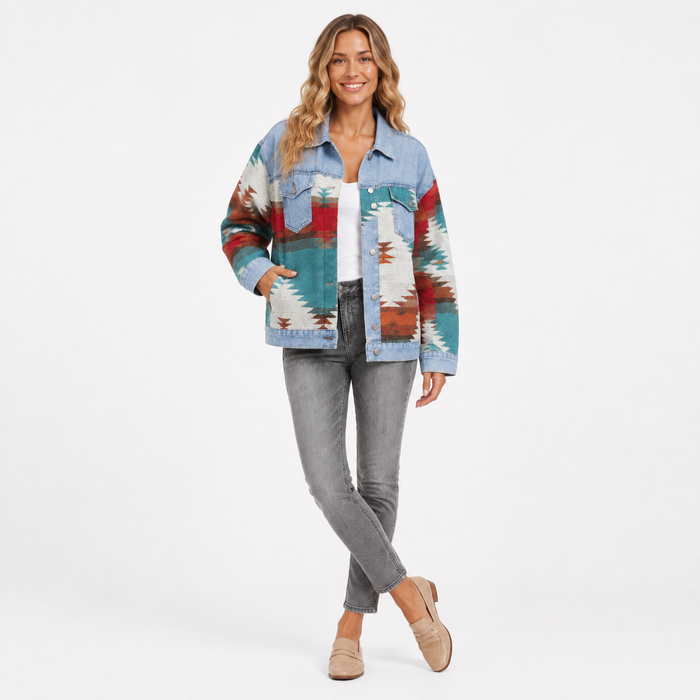 Women's geometric print denim jacket hero product image
