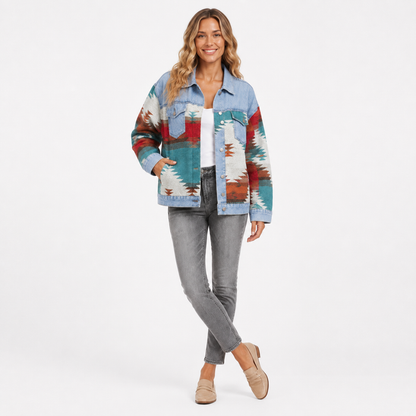 Women's geometric print denim jacket hero product image