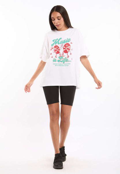 Printed "Music Is Life" Slip On Long Tee