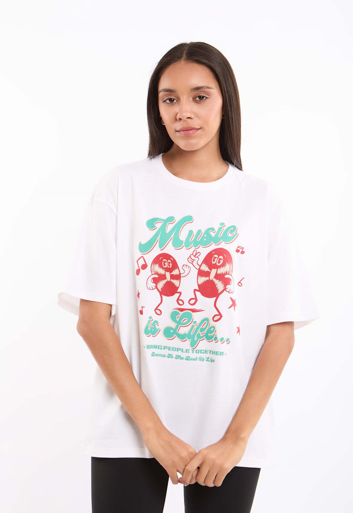 Printed "Music Is Life" Slip On Long Tee