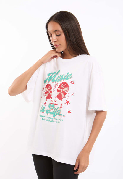 Printed "Music Is Life" Slip On Long Tee