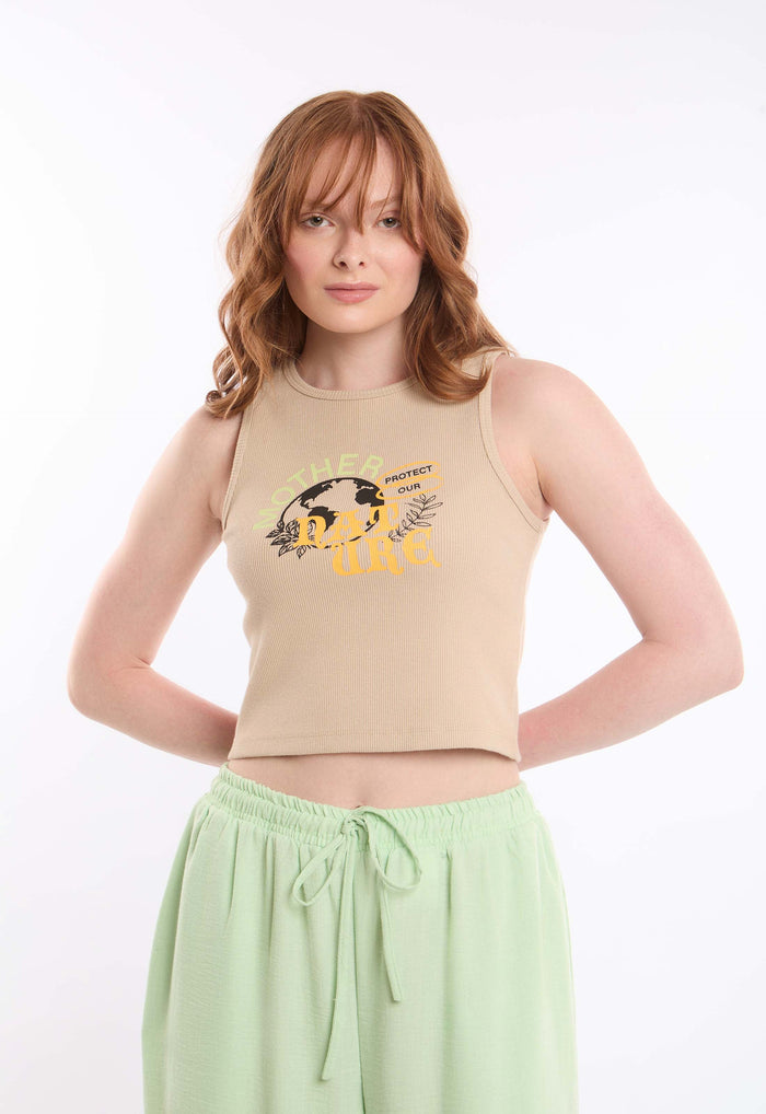 Printed Sleeveless Casual Ribbed Top