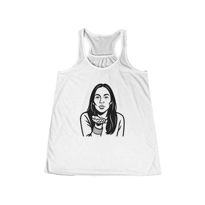 White tank top with a black and white illustration of a person on a white background