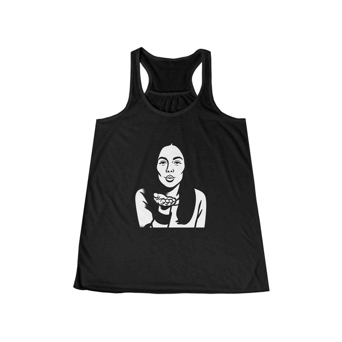 Black tank top with a white graphic design on a white background