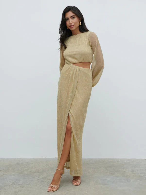 Rae Long Sleeve Cut Out Maxi Dress (Metallic Gold)
