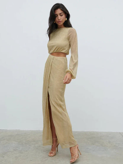 Rae Long Sleeve Cut Out Maxi Dress (Metallic Gold)