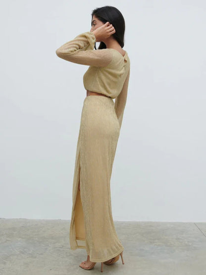 Rae Long Sleeve Cut Out Maxi Dress (Metallic Gold)