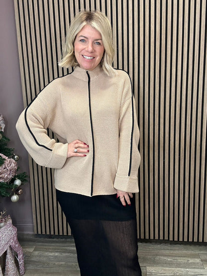 Reanne Funnel Neck Jumper (Savannah Tan/Black)
