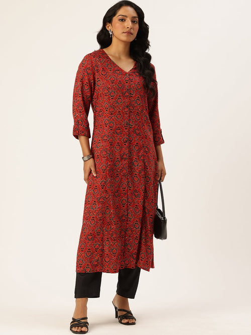 Red Ethnic Motifs Printed Kurta, Princess Cur Kurta, A-Line Kurta, Floral Print, Mandarin Collar kurta, printed kurta