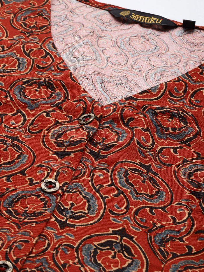 Red Ethnic Motifs Printed Kurta, Princess Cur Kurta, A-Line Kurta, Floral Print, Mandarin Collar kurta, printed kurta