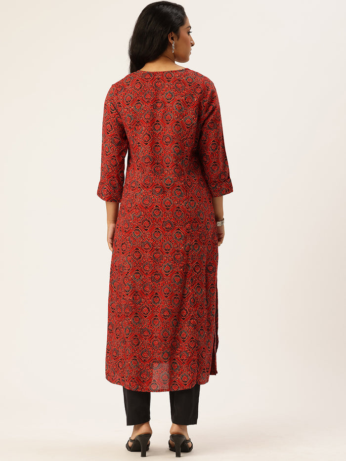 Red Ethnic Motifs Printed Kurta, Princess Cur Kurta, A-Line Kurta, Floral Print, Mandarin Collar kurta, printed kurta