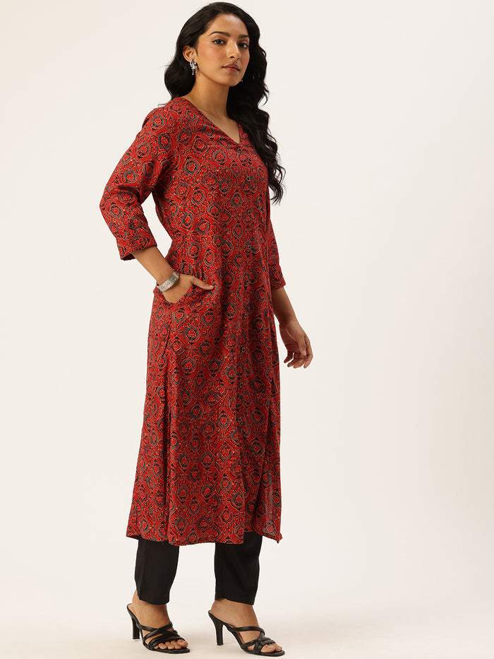 Red Ethnic Motifs Printed Kurta, Princess Cur Kurta, A-Line Kurta, Floral Print, Mandarin Collar kurta, printed kurta