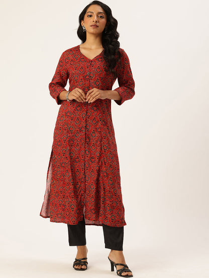Red Ethnic Motifs Printed Kurta, Princess Cur Kurta, A-Line Kurta, Floral Print, Mandarin Collar kurta, printed kurta