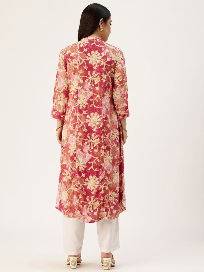 Red Floral Printed Kurta, Princess Cur Kurta, A-Line Kurta, Floral Print, Mandarin Collar kurta, printed kurta