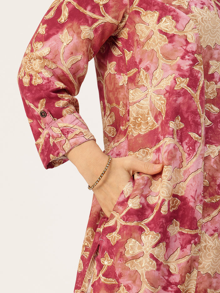 Red Floral Printed Kurta, Princess Cur Kurta, A-Line Kurta, Floral Print, Mandarin Collar kurta, printed kurta