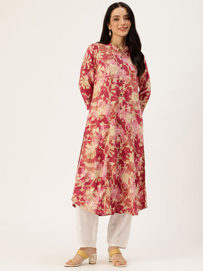 Red Floral Printed Kurta, Princess Cur Kurta, A-Line Kurta, Floral Print, Mandarin Collar kurta, printed kurta