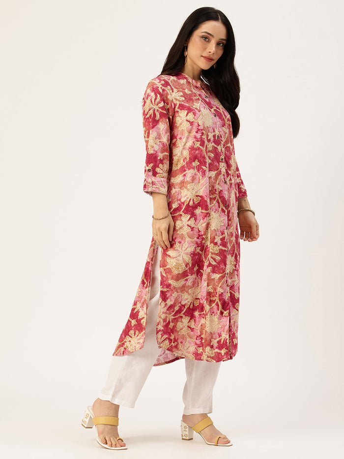 Red Floral Printed Kurta, Princess Cur Kurta, A-Line Kurta, Floral Print, Mandarin Collar kurta, printed kurta