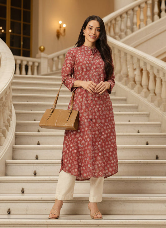 Red Floral Printed Mandarin Collar Kurta, Princess Cur Kurta, A-Line Kurta, Floral Print, Mandarin Collar kurta, printed kurta