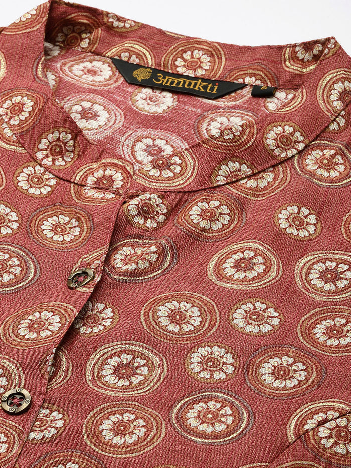 Red Floral Printed Mandarin Collar Kurta, Princess Cur Kurta, A-Line Kurta, Floral Print, Mandarin Collar kurta, printed kurta