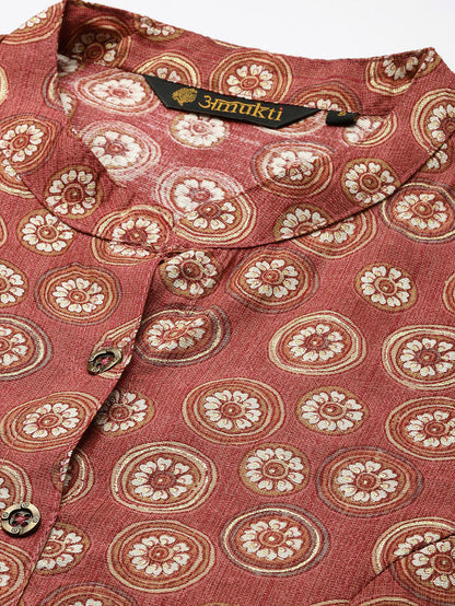 Red Floral Printed Mandarin Collar Kurta, Princess Cur Kurta, A-Line Kurta, Floral Print, Mandarin Collar kurta, printed kurta