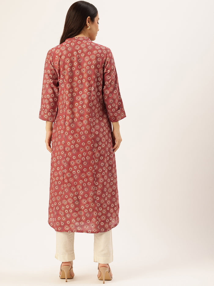 Red Floral Printed Mandarin Collar Kurta, Princess Cur Kurta, A-Line Kurta, Floral Print, Mandarin Collar kurta, printed kurta
