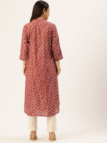 Red Floral Printed Mandarin Collar Kurta, Princess Cur Kurta, A-Line Kurta, Floral Print, Mandarin Collar kurta, printed kurta