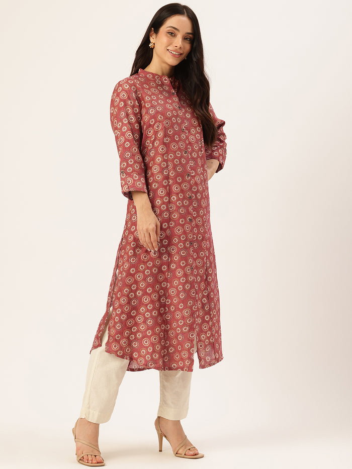 Red Floral Printed Mandarin Collar Kurta, Princess Cur Kurta, A-Line Kurta, Floral Print, Mandarin Collar kurta, printed kurta