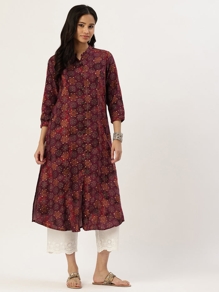 Red Geometric Printed Kurta, Princess Cur Kurta, A-Line Kurta, Floral Print, Mandarin Collar kurta, printed kurta