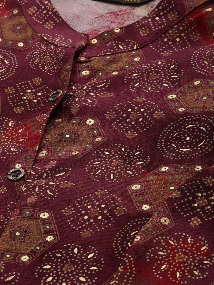 Red Geometric Printed Kurta, Princess Cur Kurta, A-Line Kurta, Floral Print, Mandarin Collar kurta, printed kurta