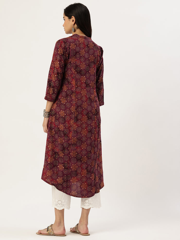 Red Geometric Printed Kurta, Princess Cur Kurta, A-Line Kurta, Floral Print, Mandarin Collar kurta, printed kurta