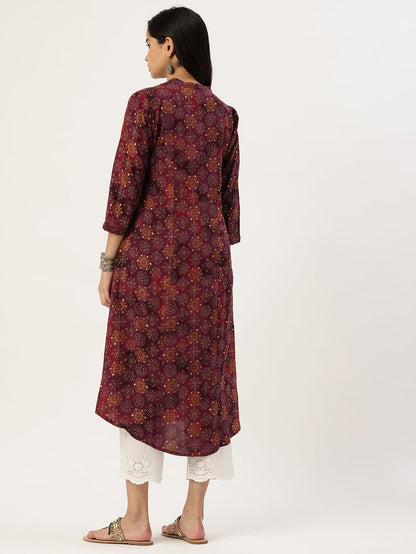 Red Geometric Printed Kurta, Princess Cur Kurta, A-Line Kurta, Floral Print, Mandarin Collar kurta, printed kurta