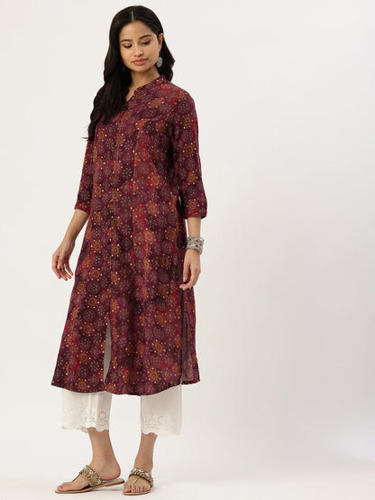 Red Geometric Printed Kurta, Princess Cur Kurta, A-Line Kurta, Floral Print, Mandarin Collar kurta, printed kurta