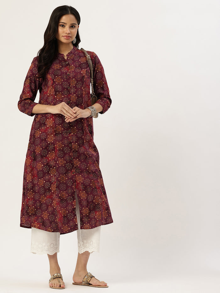 Red Geometric Printed Kurta, Princess Cur Kurta, A-Line Kurta, Floral Print, Mandarin Collar kurta, printed kurta