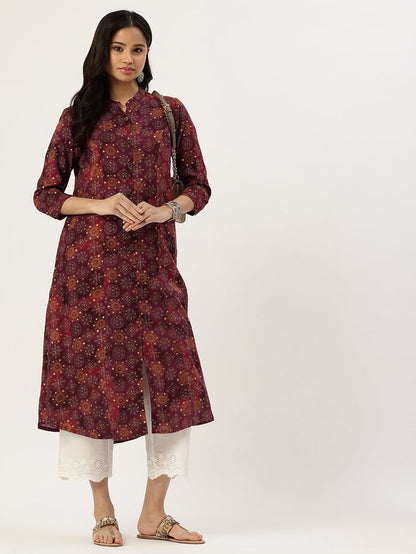 Red Geometric Printed Kurta, Princess Cur Kurta, A-Line Kurta, Floral Print, Mandarin Collar kurta, printed kurta