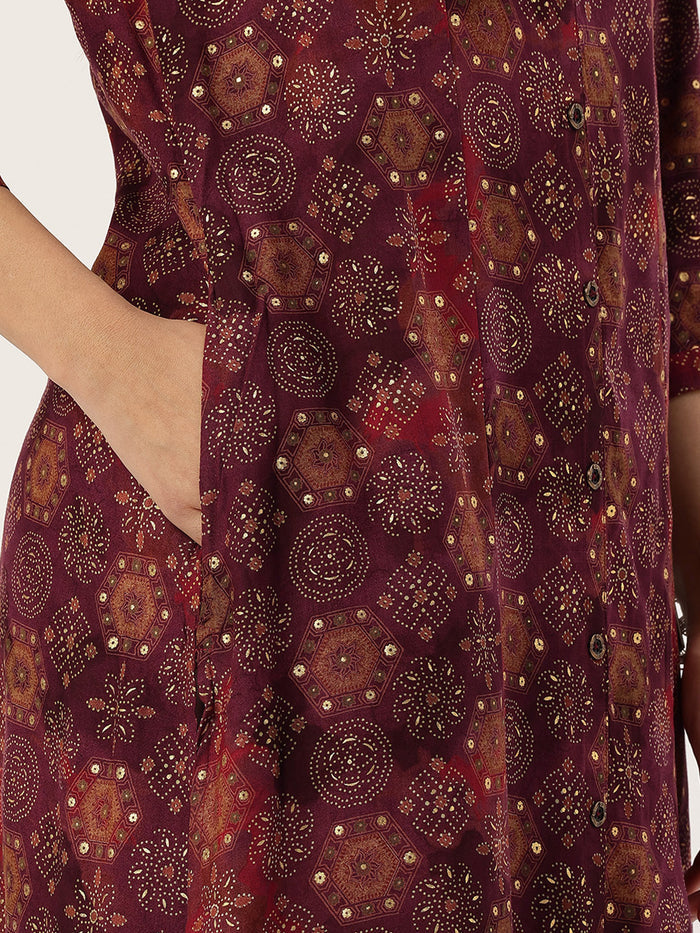 Red Geometric Printed Kurta, Princess Cur Kurta, A-Line Kurta, Floral Print, Mandarin Collar kurta, printed kurta