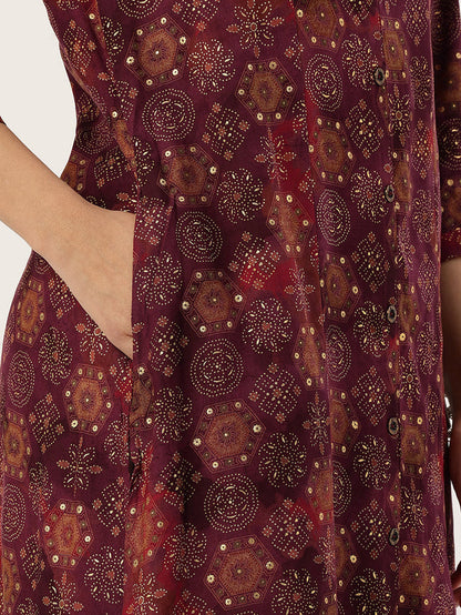 Red Geometric Printed Kurta, Princess Cur Kurta, A-Line Kurta, Floral Print, Mandarin Collar kurta, printed kurta