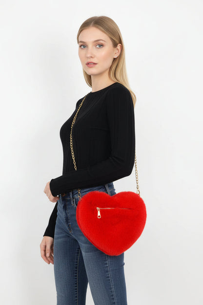 red heart plush handbag gold chain strap stylish party accessory