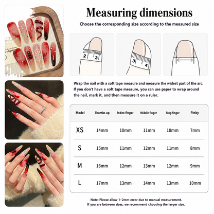 Red press-on nail set in XS-L sizing with butterfly, bow and heart art made for quick at-home application and polished looks.