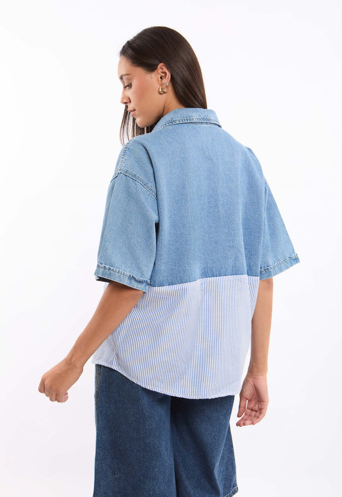 Relaxed Denim Cotton Blouse with Striped Hem