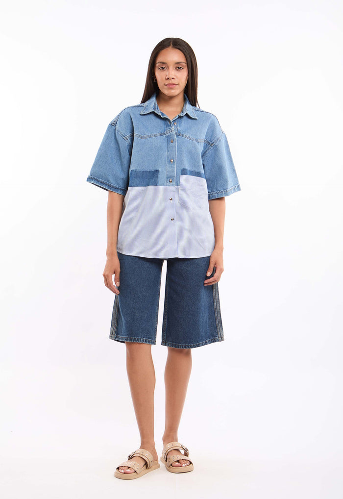 Relaxed Denim Cotton Blouse with Striped Hem