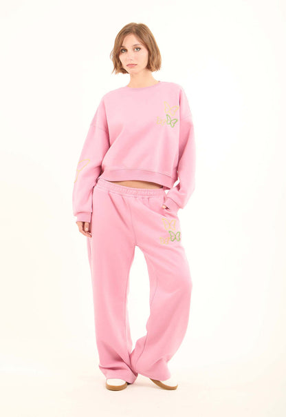Relaxed Wide-Leg Pants with Embroidered Butterflies