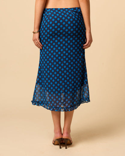 Women's sheer midi skirt ankle length with ruffle hem in blue polka dot