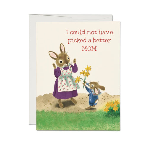Greeting card with illustration of a mother rabbit and her baby holding flowers, with text 'I could not have picked a better MOM'.