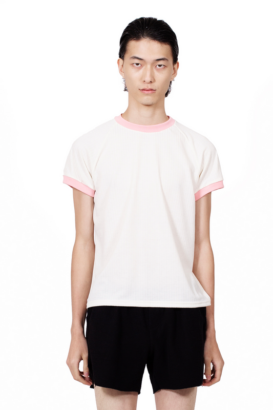 Ringer Raglan T-Shirt in cotton rib jersey with contrast pink neckline and sleeve binding.