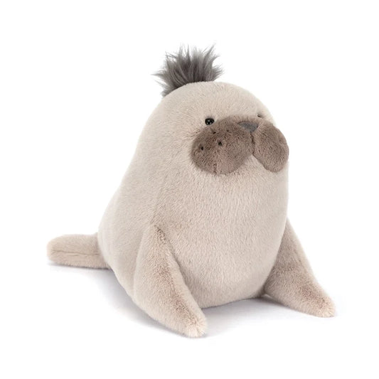 Jellycat Roarwell Sea Lion plush toy in cream with a fluffy grey mane tuft on top, large brown muzzle cheeks, black bead eyes, and front flippers, seated on a white background