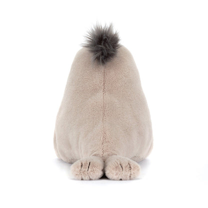 Rear view of Jellycat Roarwell Sea Lion showing the cream plush back, grey mane tuft at the top, and two small fluffy rear flippers at the base, on a white background