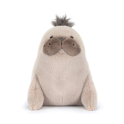 Front-facing view of Jellycat Roarwell Sea Lion seated upright, showing cream fur, grey mane tuft, large brown muzzle, black bead eyes, and two front flippers resting at sides, on a white background