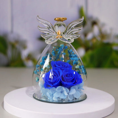 Rose display gift shown from another angle to highlight the angel-shaped outline, base design and flower arrangement clearly.