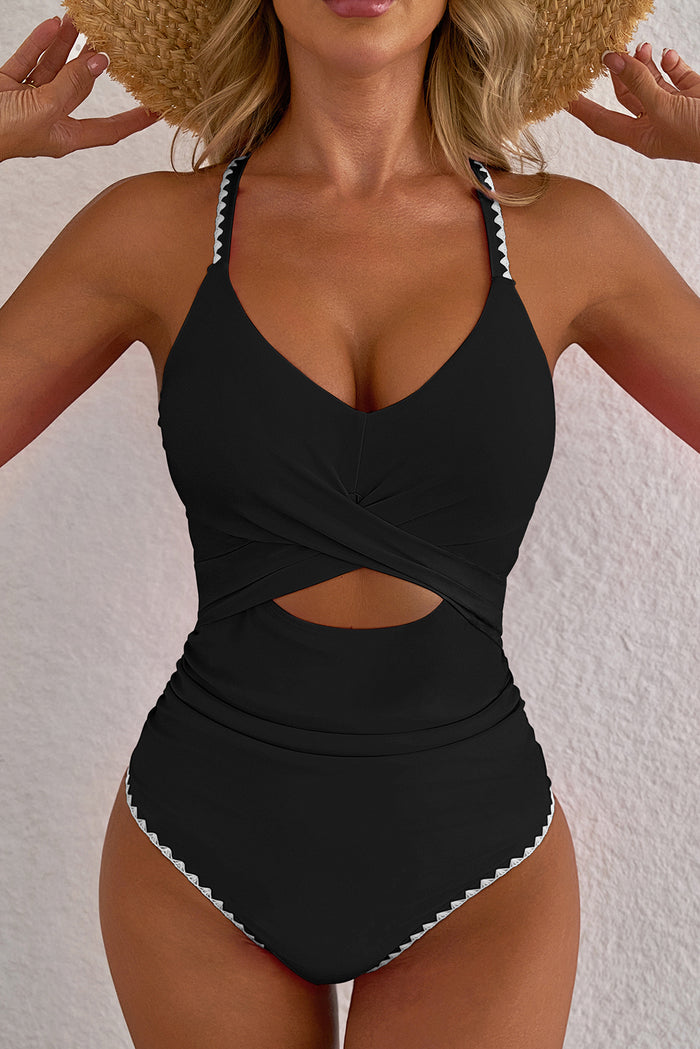 Rose Red Ric Rac Trim Contrasted Patchwork Cutout One Piece Swimsuit